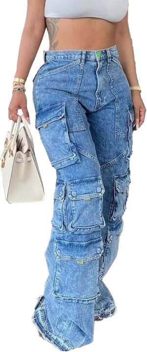 Women's Cargo Jeans Casual High Waisted Trendy Baggy Urban Jeans Wide Leg Denim Pants Streetwear