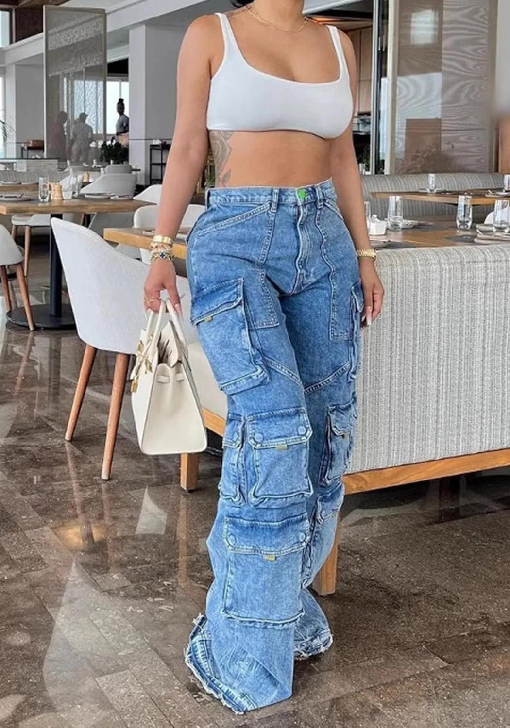 Women's Cargo Jeans Casual High Waisted Trendy Baggy Urban Jeans Wide Leg Denim Pants Streetwear