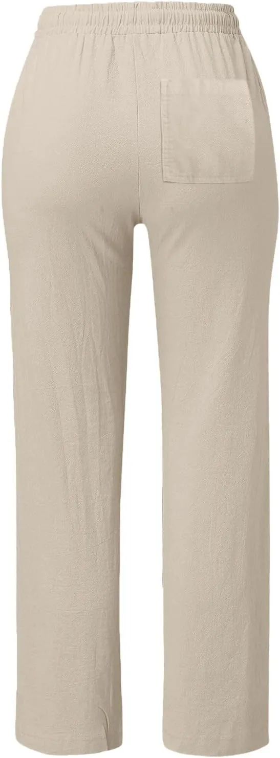 Womens Casual Cotton Linen Pants Lightweight Summer Relax Fit Elastic Waist Plus Size Solid Lounge Long Trousers