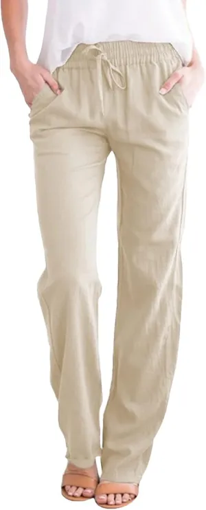 Womens Casual Cotton Linen Pants Lightweight Summer Relax Fit Elastic Waist Plus Size Solid Lounge Long Trousers