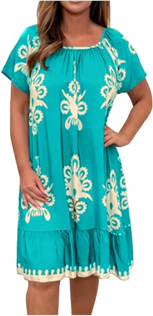 Women's Casual Dresses Boho Floral Printed Midi Dress Crew Neck Short Sleeve Loose Fashion Plus Size Dress
