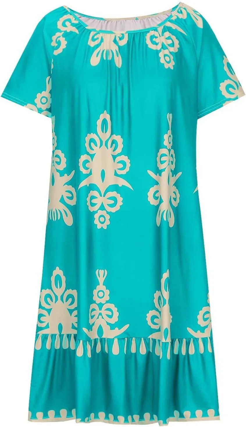 Women's Casual Dresses Boho Floral Printed Midi Dress Crew Neck Short Sleeve Loose Fashion Plus Size Dress
