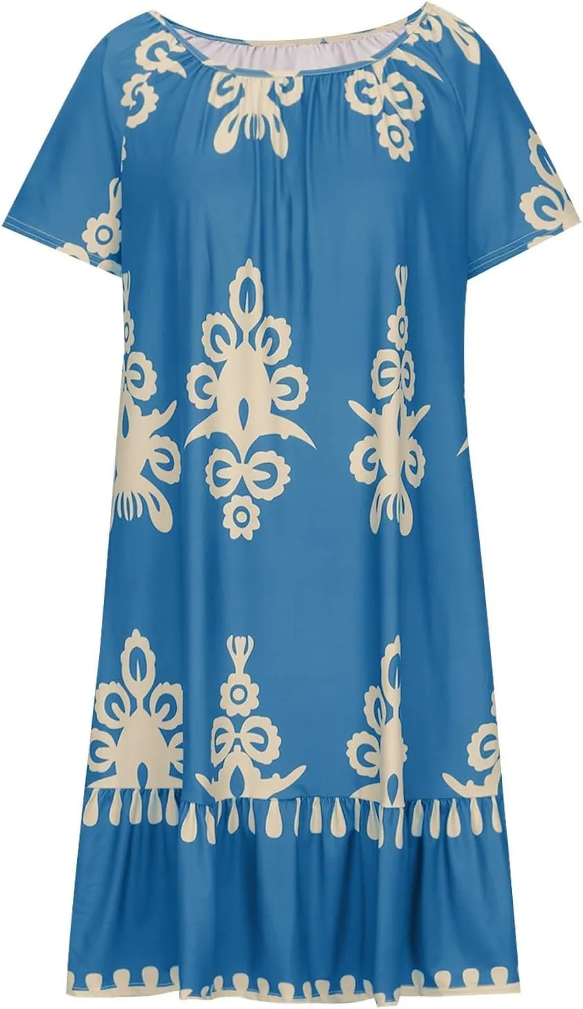Women's Casual Dresses Boho Floral Printed Midi Dress Crew Neck Short Sleeve Loose Fashion Plus Size Dress