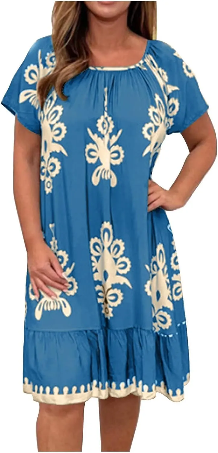 Women's Casual Dresses Boho Floral Printed Midi Dress Crew Neck Short Sleeve Loose Fashion Plus Size Dress