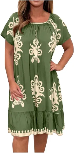 Women's Casual Dresses Boho Floral Printed Midi Dress Crew Neck Short Sleeve Loose Fashion Plus Size Dress