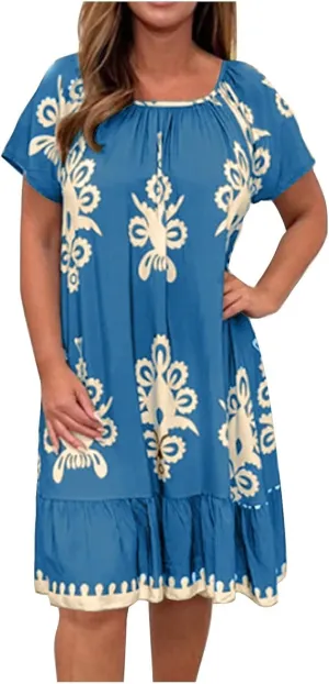 Women's Casual Dresses Boho Floral Printed Midi Dress Crew Neck Short Sleeve Loose Fashion Plus Size Dress