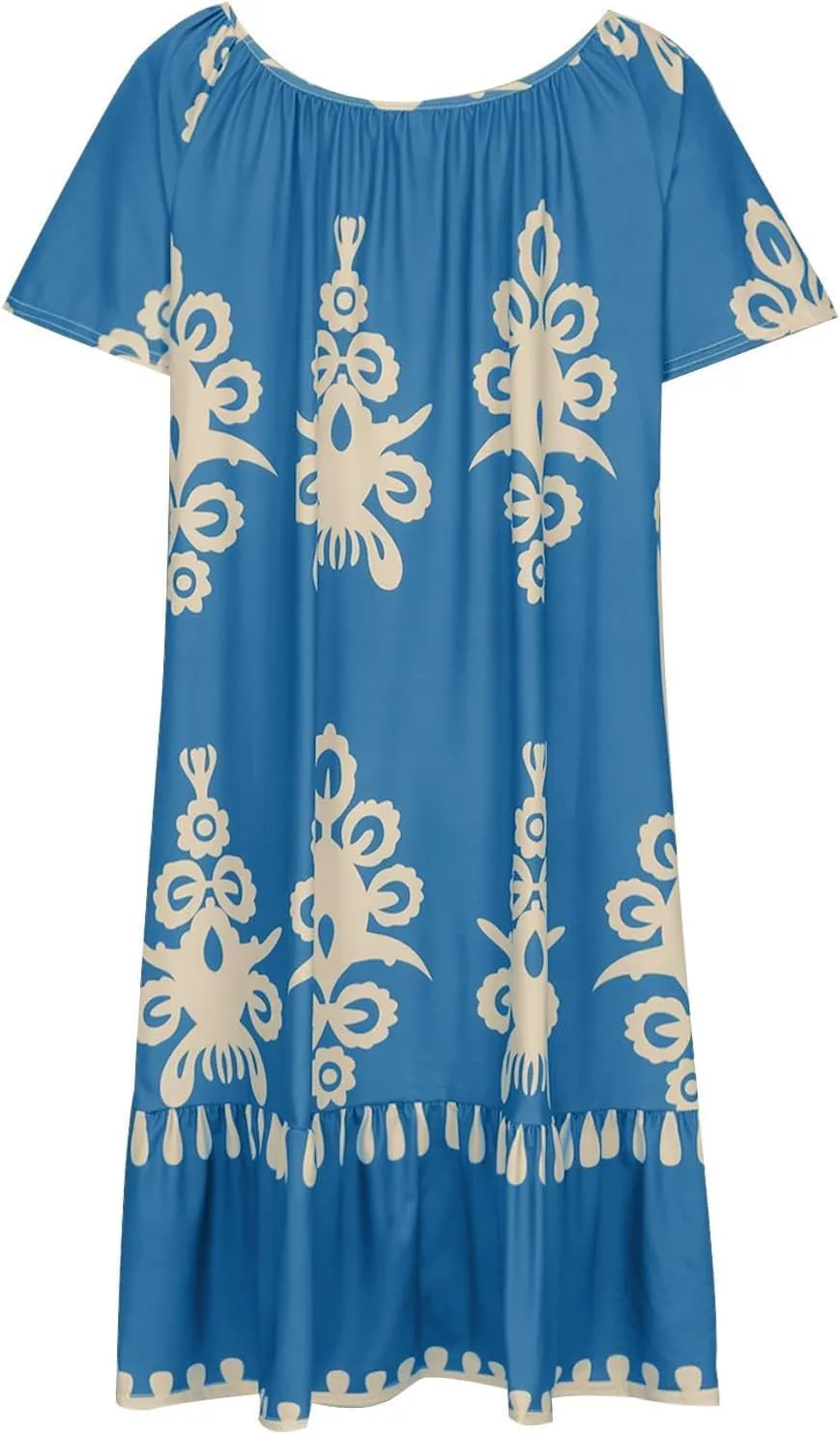 Women's Casual Dresses Boho Floral Printed Midi Dress Crew Neck Short Sleeve Loose Fashion Plus Size Dress