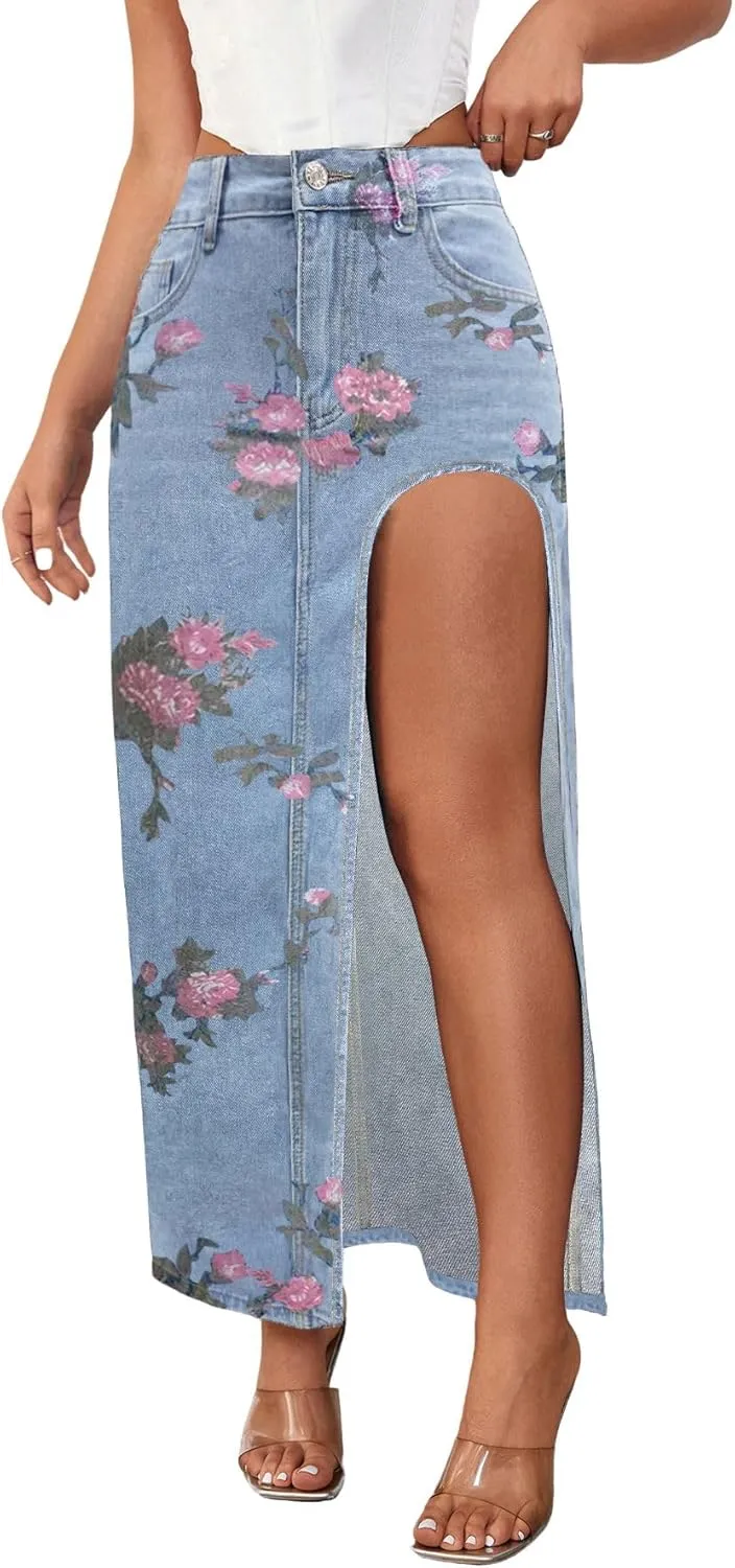 Women's Casual High Waist Split Thigh Jean Skirt A Line Long Maxi Slim Denim Skirt