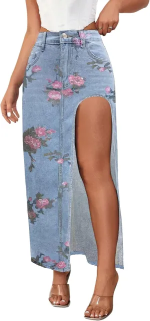 Women's Casual High Waist Split Thigh Jean Skirt A Line Long Maxi Slim Denim Skirt