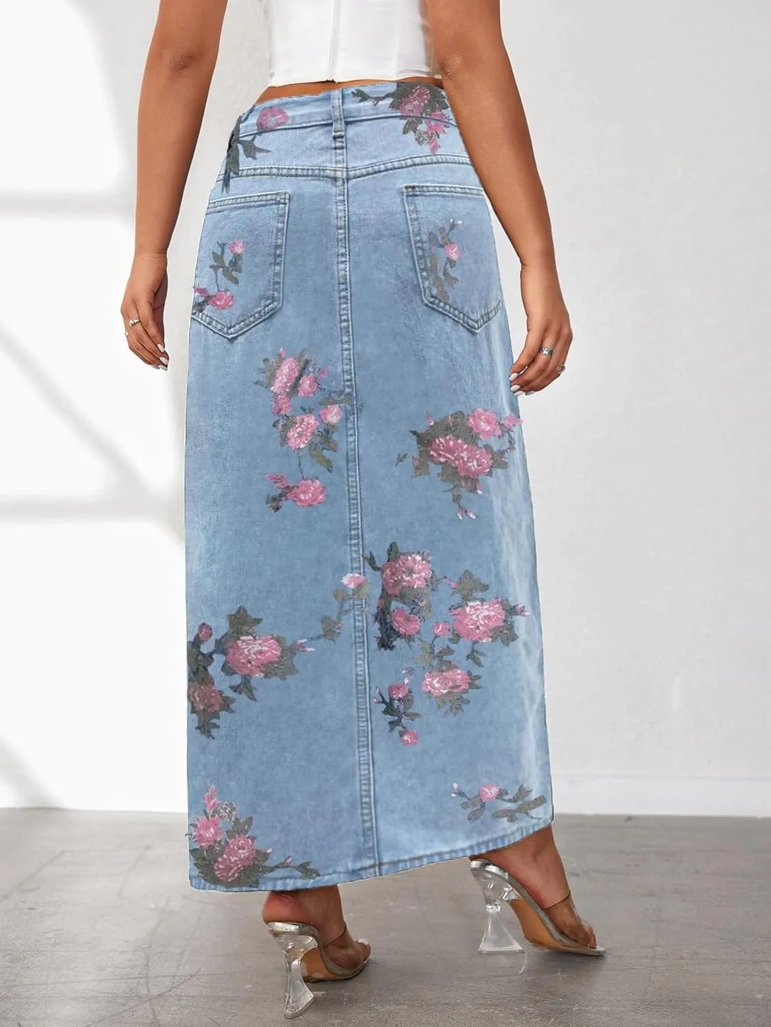 Women's Casual High Waist Split Thigh Jean Skirt A Line Long Maxi Slim Denim Skirt