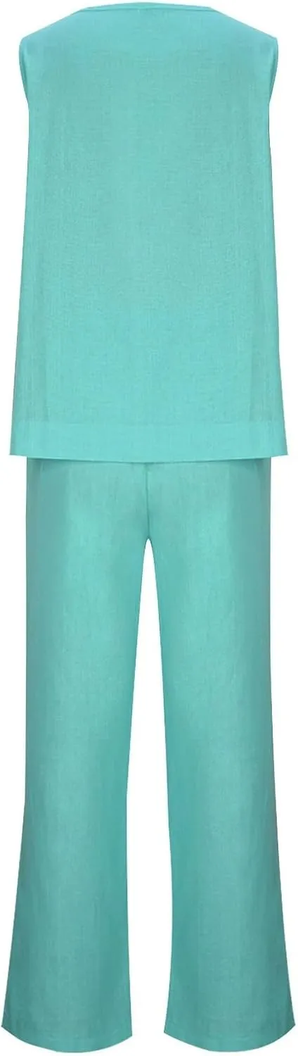 Women's Casual Two Piece Outfits Plus Size Comfy Cotton Linen Sets Sleeveless Tank Top Wide Leg Pants Matching Sets