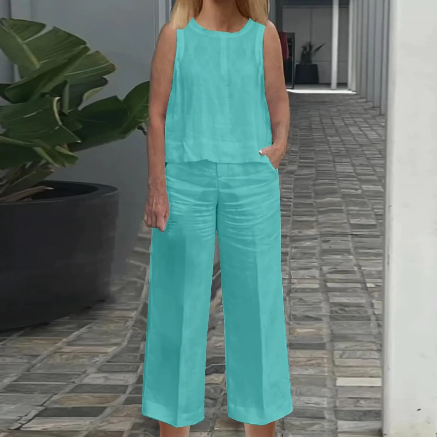 Women's Casual Two Piece Outfits Plus Size Comfy Cotton Linen Sets Sleeveless Tank Top Wide Leg Pants Matching Sets