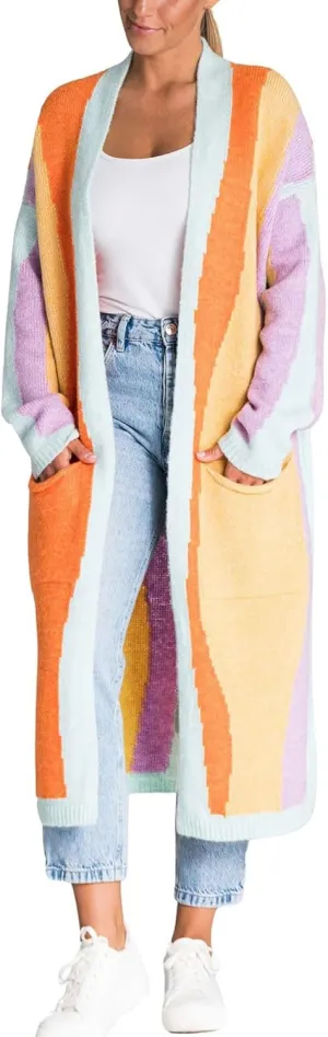 Women's Color Block Vertical Striped Cardigan Sweater Loose Fit Chunky Knit Long Coatigan Coat