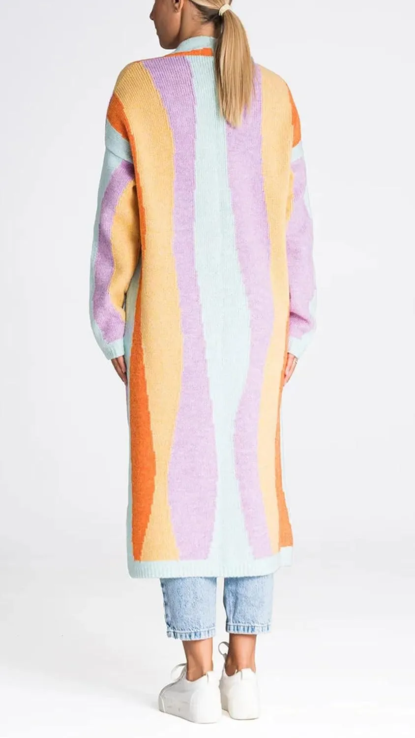 Women's Color Block Vertical Striped Cardigan Sweater Loose Fit Chunky Knit Long Coatigan Coat