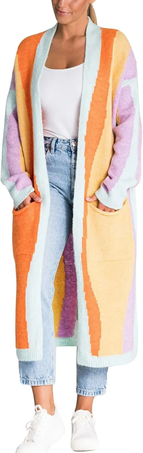 Women's Color Block Vertical Striped Cardigan Sweater Loose Fit Chunky Knit Long Coatigan Coat