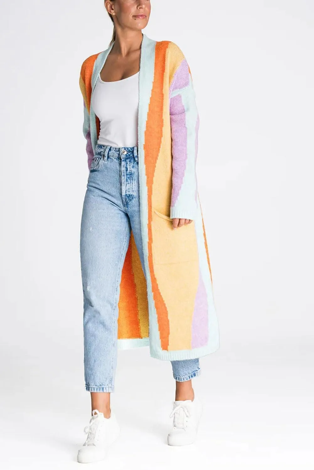 Women's Color Block Vertical Striped Cardigan Sweater Loose Fit Chunky Knit Long Coatigan Coat