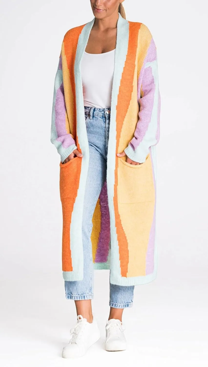 Women's Color Block Vertical Striped Cardigan Sweater Loose Fit Chunky Knit Long Coatigan Coat
