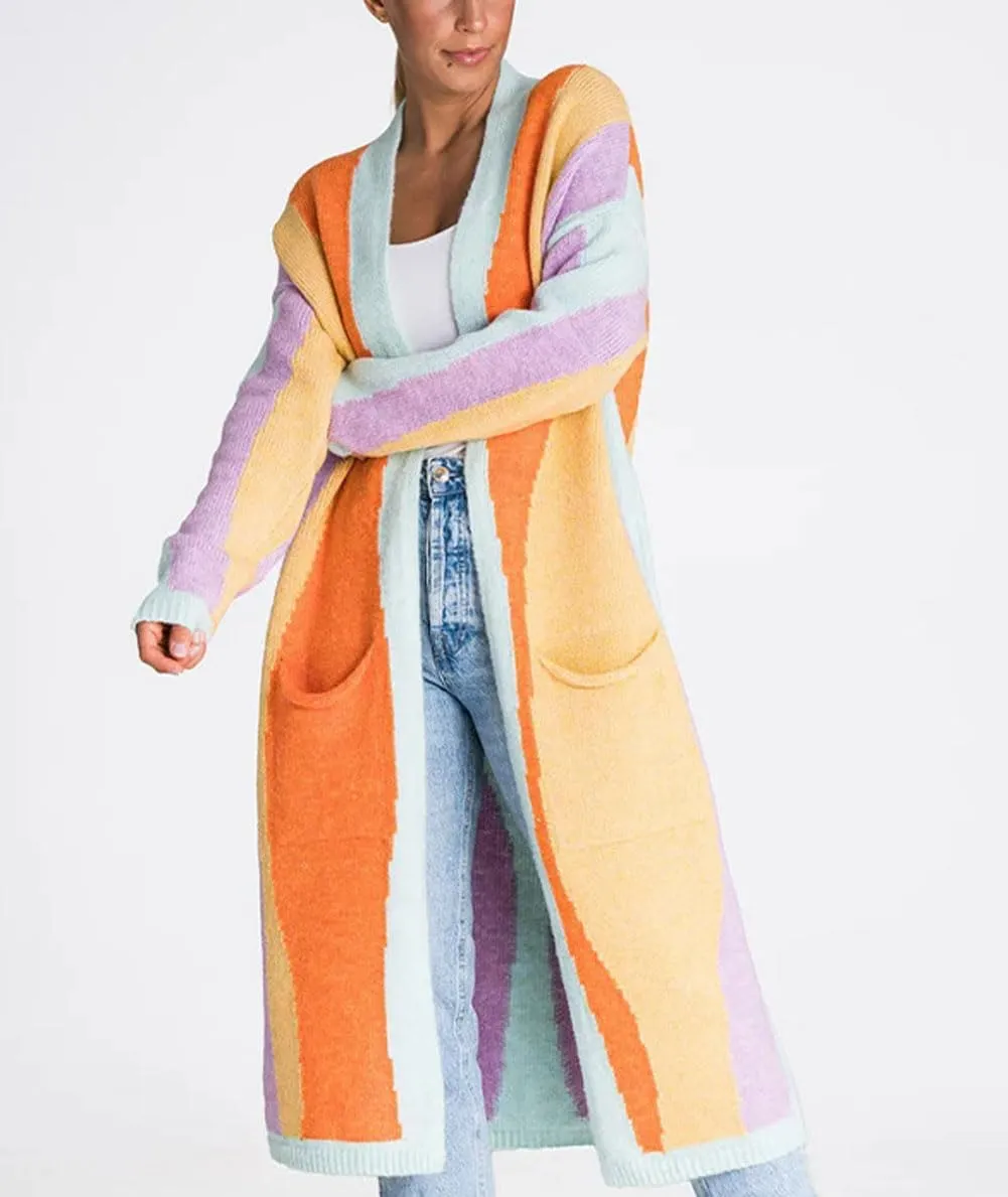 Women's Color Block Vertical Striped Cardigan Sweater Loose Fit Chunky Knit Long Coatigan Coat