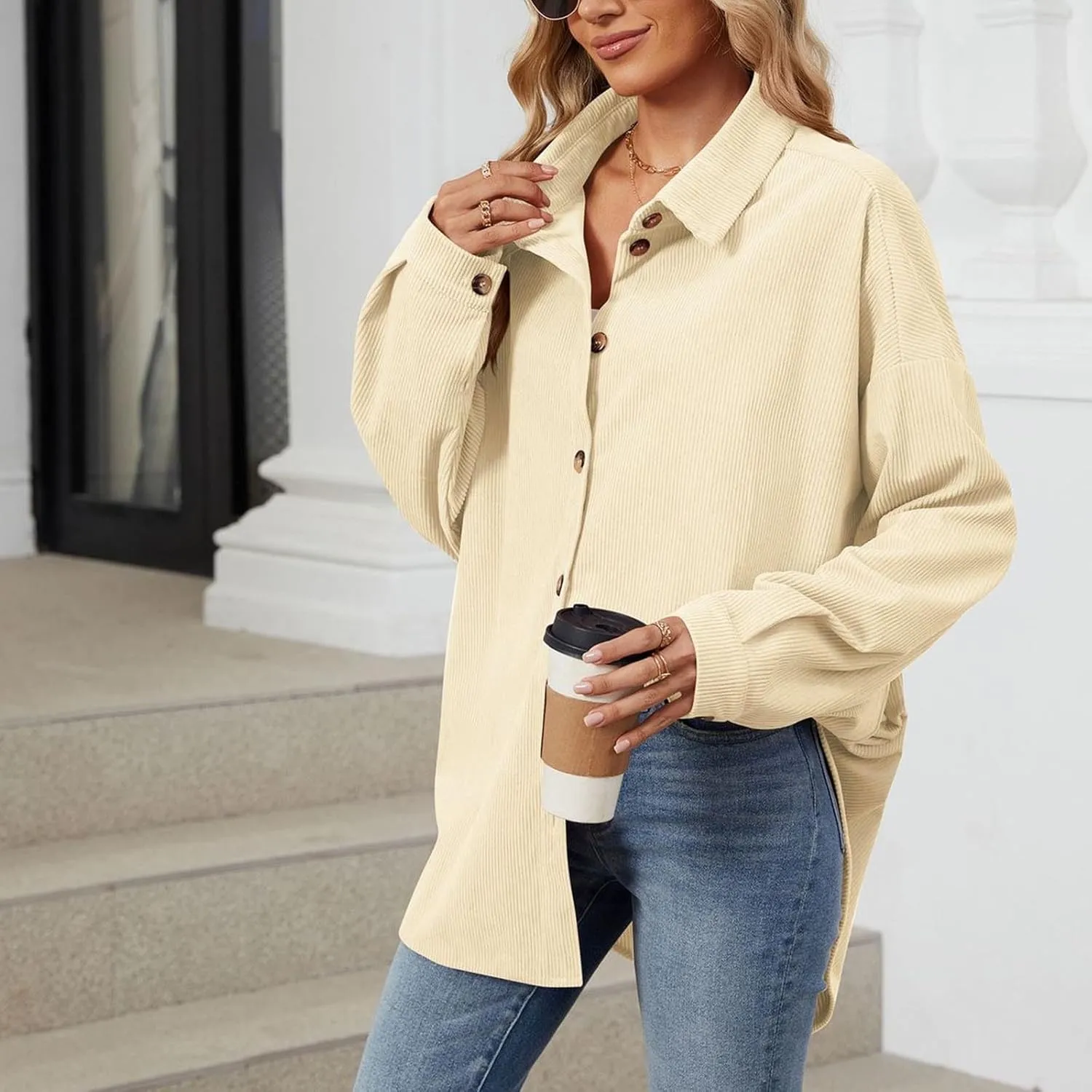 Women's Corduroy Shirt Long Sleeve Button Down Shacket Jacket Casual Oversized Top Trendy Versatile Fall Coats 2024