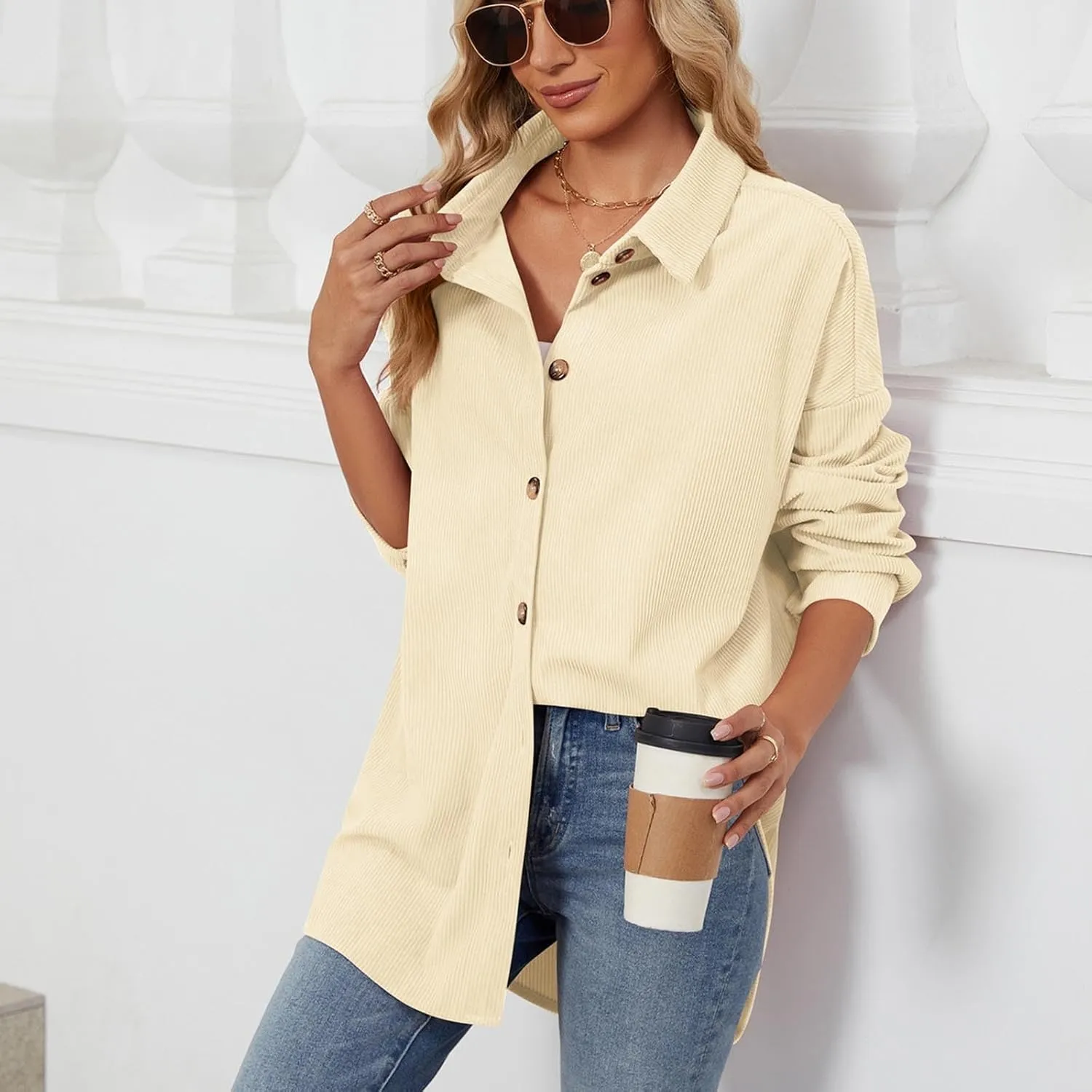 Women's Corduroy Shirt Long Sleeve Button Down Shacket Jacket Casual Oversized Top Trendy Versatile Fall Coats 2024