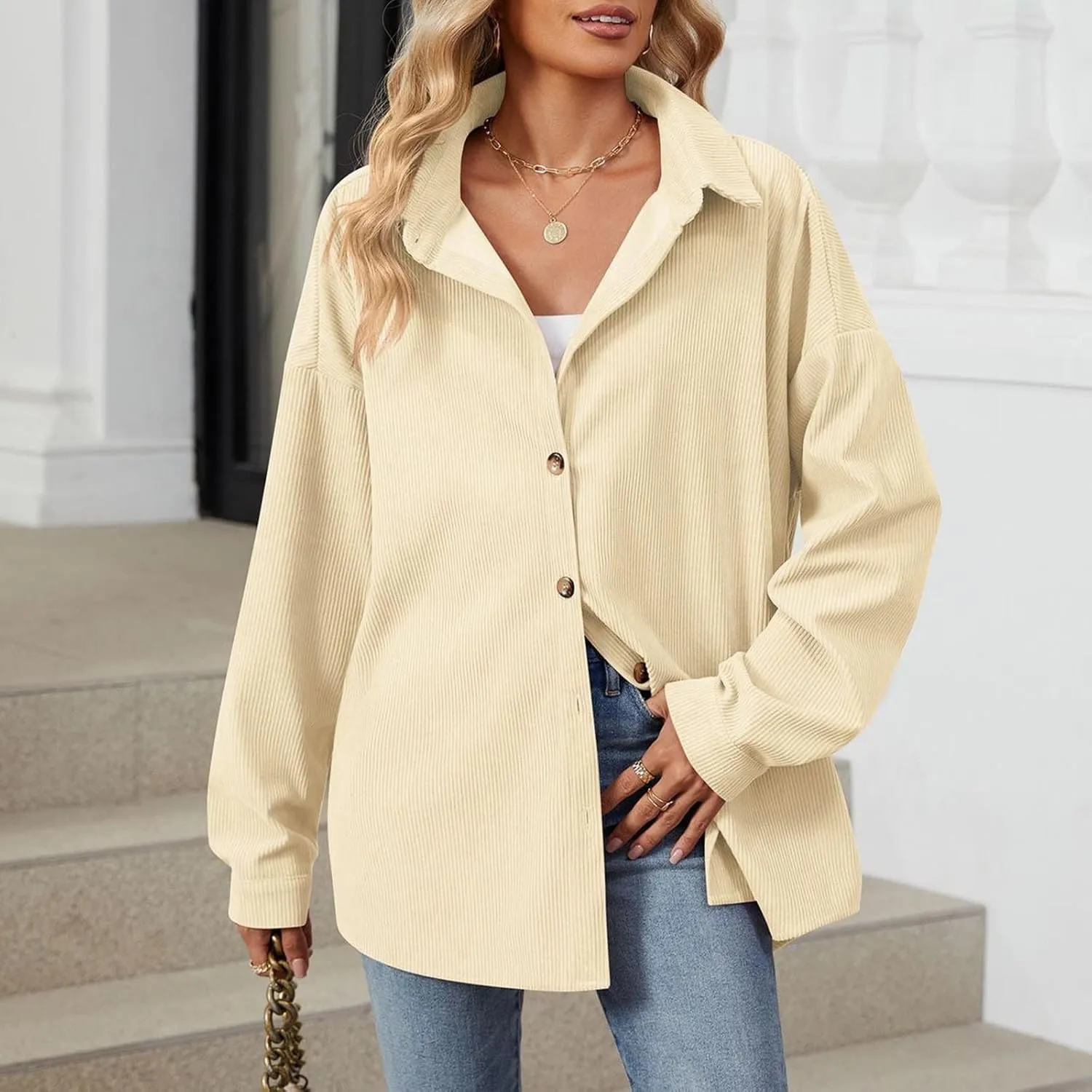 Women's Corduroy Shirt Long Sleeve Button Down Shacket Jacket Casual Oversized Top Trendy Versatile Fall Coats 2024