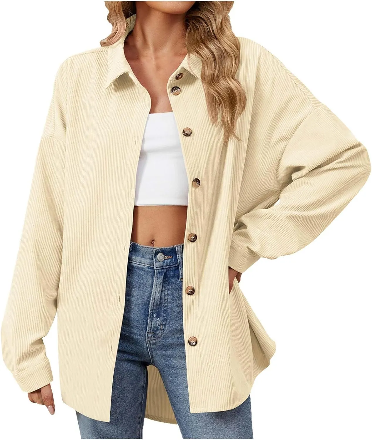Women's Corduroy Shirt Long Sleeve Button Down Shacket Jacket Casual Oversized Top Trendy Versatile Fall Coats 2024