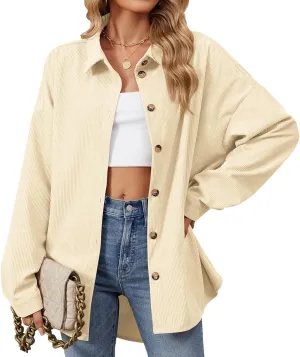 Women's Corduroy Shirt Long Sleeve Button Down Shacket Jacket Casual Oversized Top Trendy Versatile Fall Coats 2024
