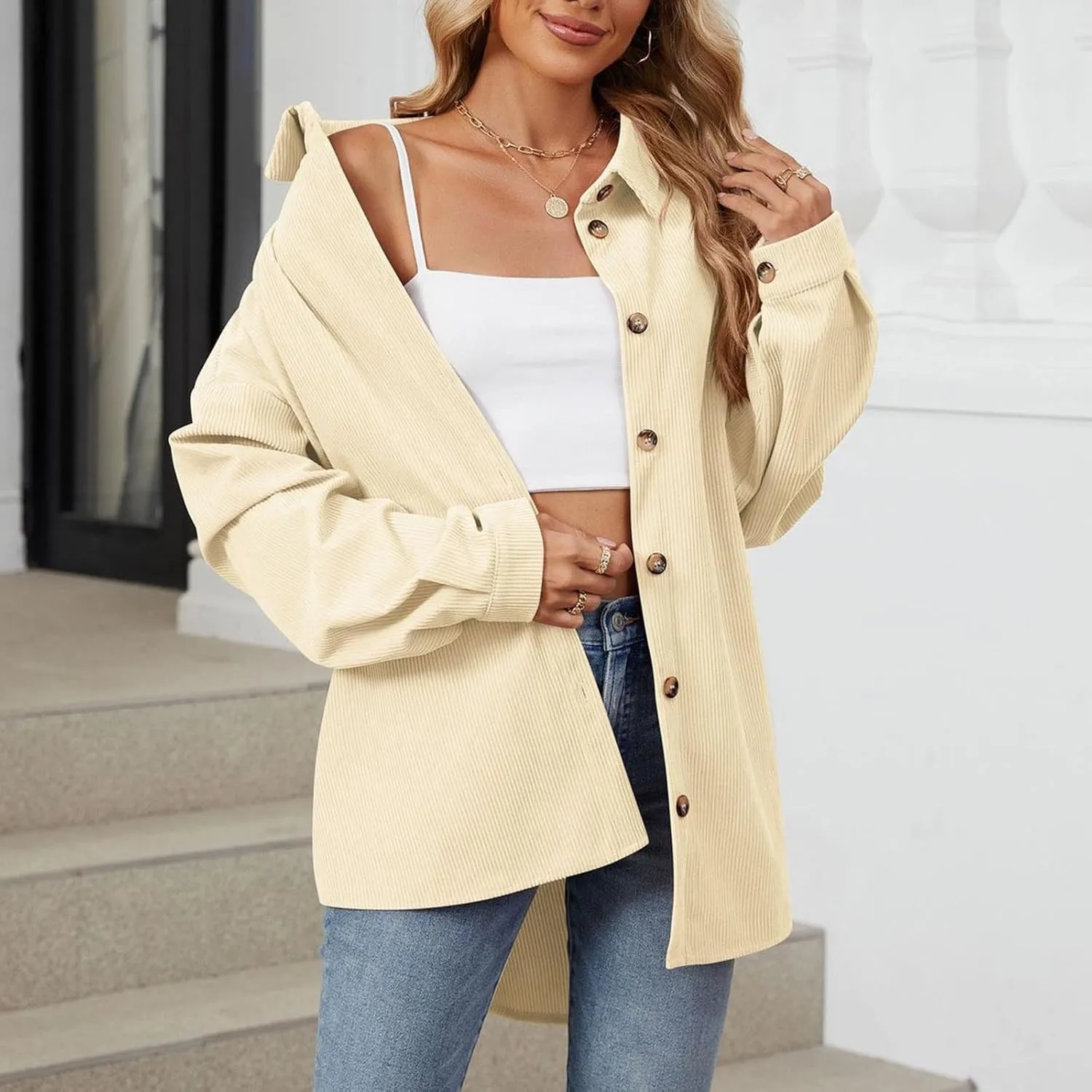 Women's Corduroy Shirt Long Sleeve Button Down Shacket Jacket Casual Oversized Top Trendy Versatile Fall Coats 2024