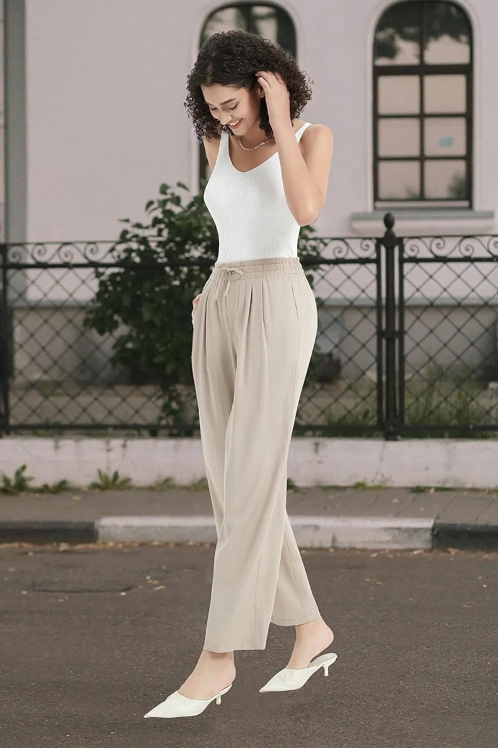 Womens Cotton Linen Pants Summer Casual Drawstring High Waisted Palazzo Flowy Wide Leg Trousers with Pockets