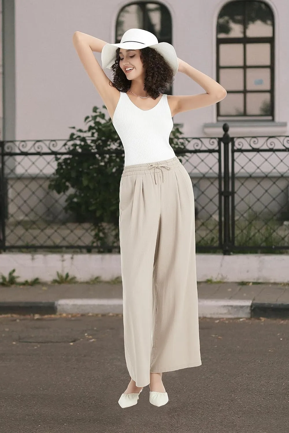 Womens Cotton Linen Pants Summer Casual Drawstring High Waisted Palazzo Flowy Wide Leg Trousers with Pockets