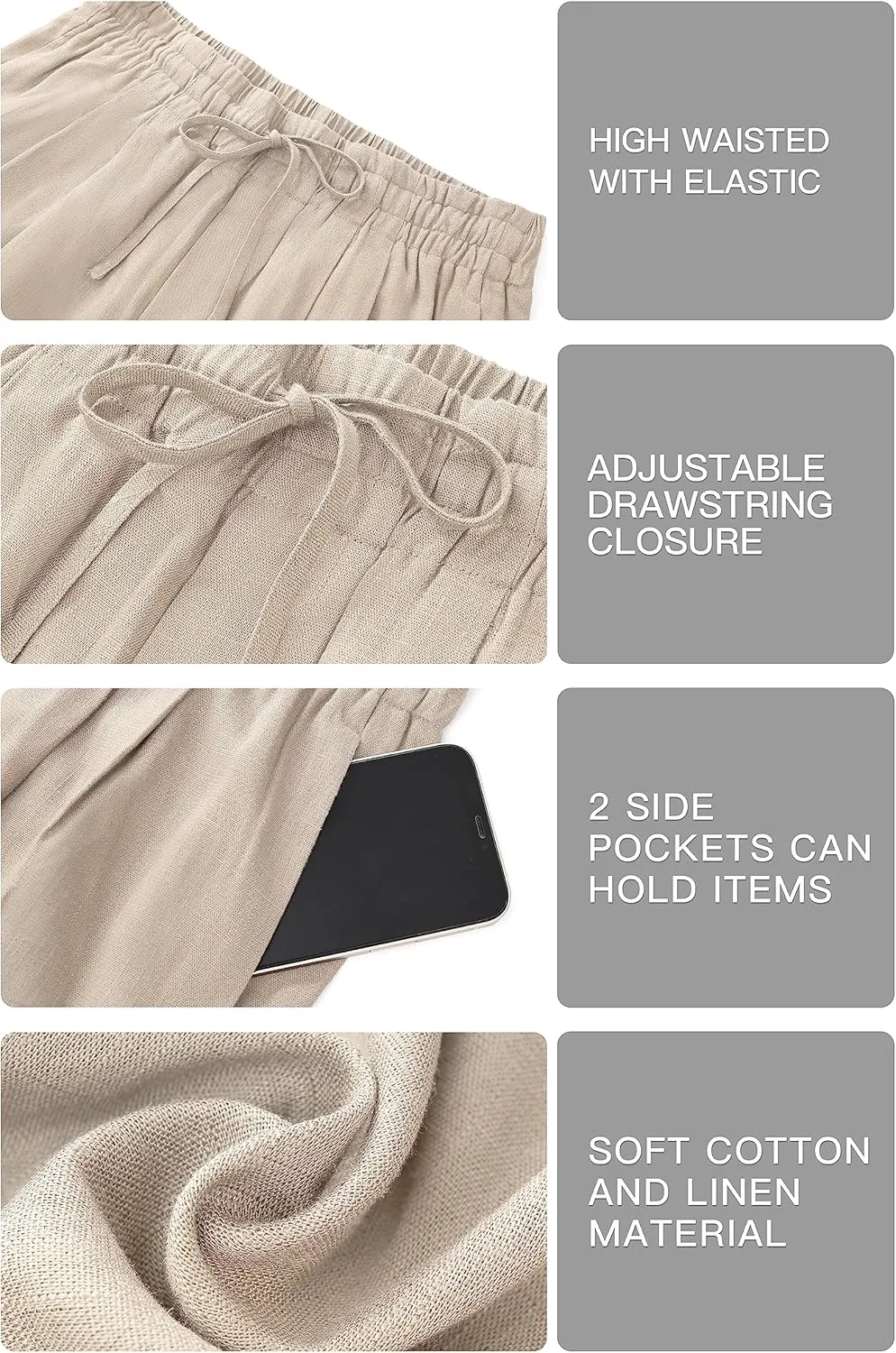 Womens Cotton Linen Pants Summer Casual Drawstring High Waisted Palazzo Flowy Wide Leg Trousers with Pockets