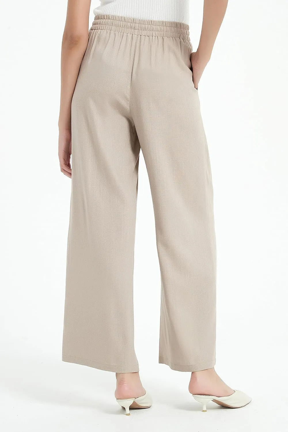 Womens Cotton Linen Pants Summer Casual Drawstring High Waisted Palazzo Flowy Wide Leg Trousers with Pockets