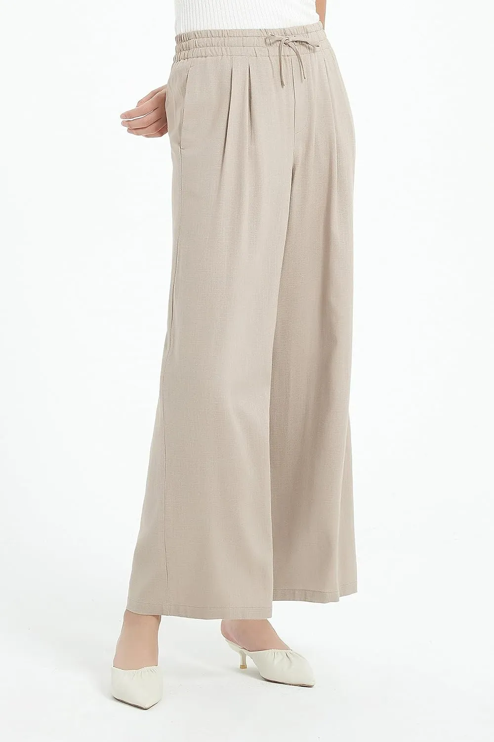 Womens Cotton Linen Pants Summer Casual Drawstring High Waisted Palazzo Flowy Wide Leg Trousers with Pockets