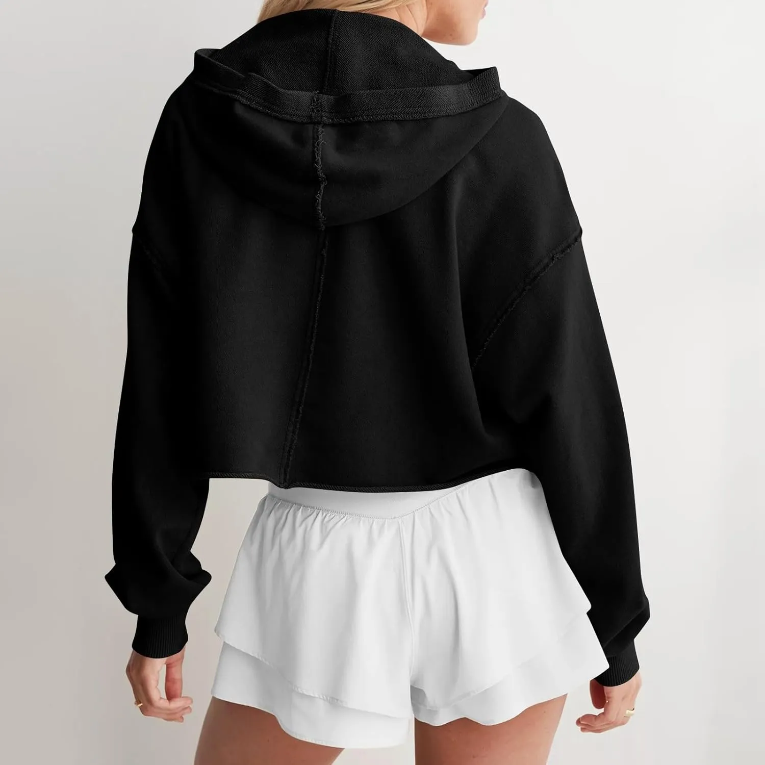 Womens Cropped Hoodies Long Sleeves V Neck Loose Casual Hooded Sweatshirts 2024 Fall Fashion Clothes