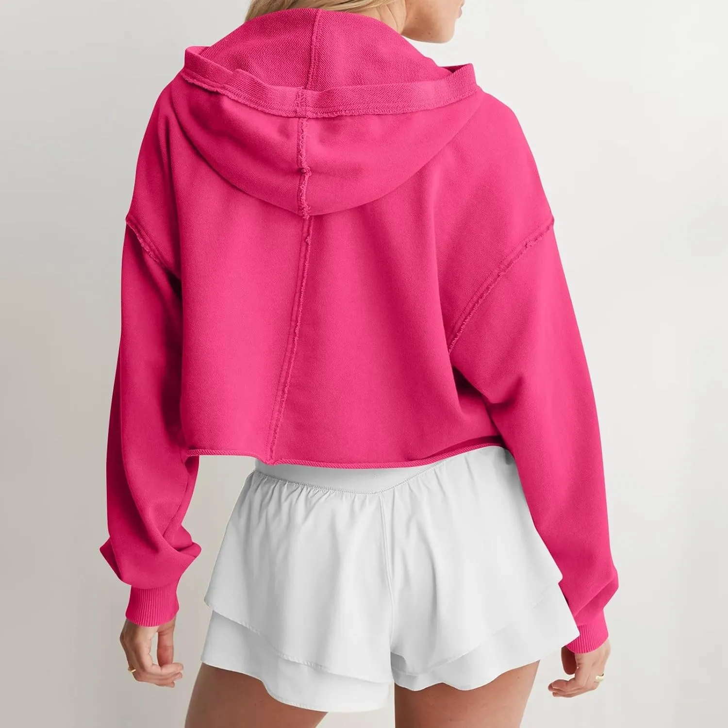 Womens Cropped Hoodies Long Sleeves V Neck Loose Casual Hooded Sweatshirts 2024 Fall Fashion Clothes