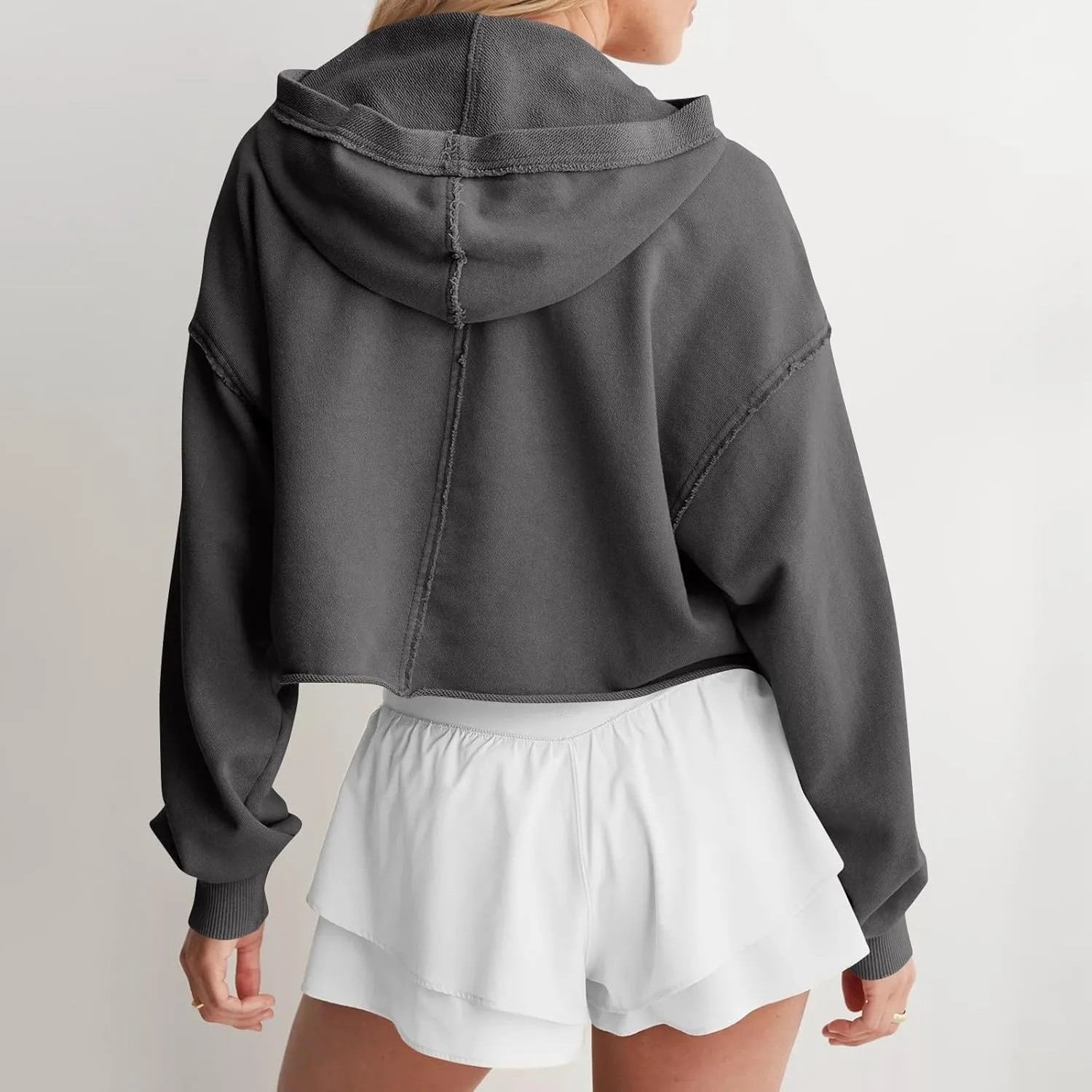 Womens Cropped Hoodies Long Sleeves V Neck Loose Casual Hooded Sweatshirts 2024 Fall Fashion Clothes