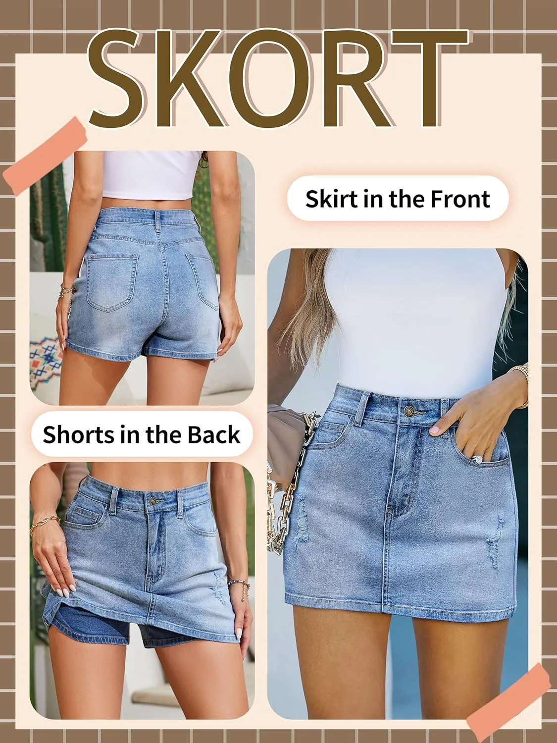 Women's Denim Mini Skort High Waisted Stretch Casual Jean Skirt Shorts 5 Pockets