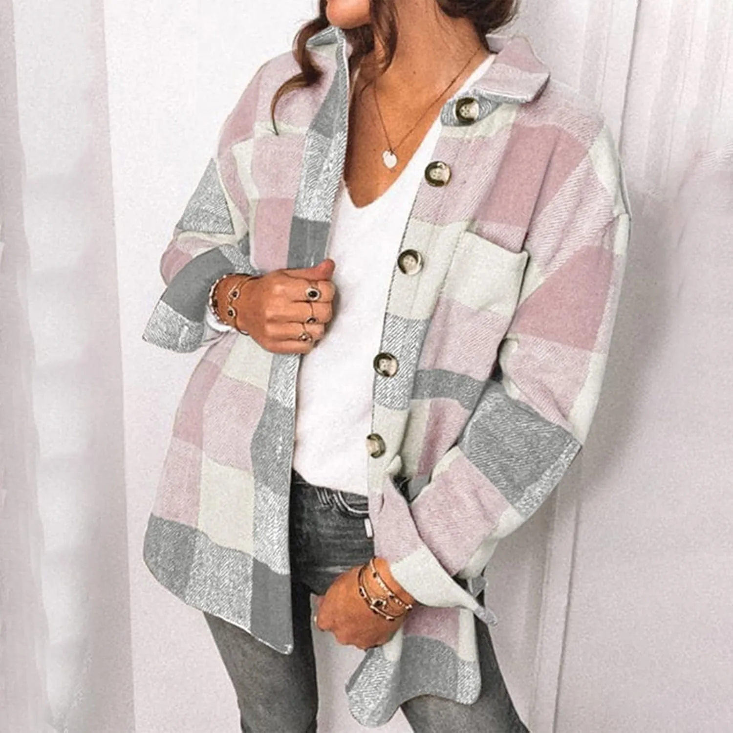 Womens Fashion Plaid Shacket Button Down Long Sleeve Shirts Casual Loose Fit Jacket Womens Tops Spring Fall Outfits