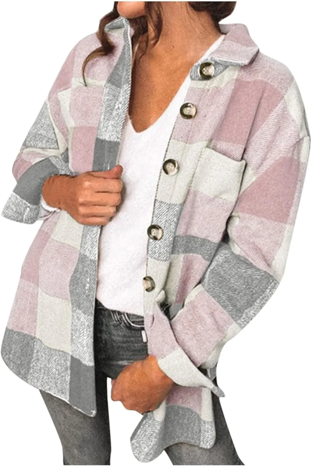 Womens Fashion Plaid Shacket Button Down Long Sleeve Shirts Casual Loose Fit Jacket Womens Tops Spring Fall Outfits