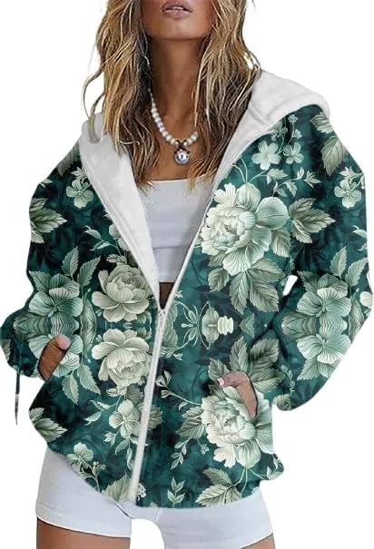 Women's Floral Print Hoodie Zip Up Long Sleeve Hoodies Women Oversized Fashion Jackets Zipper Coat with Pocket