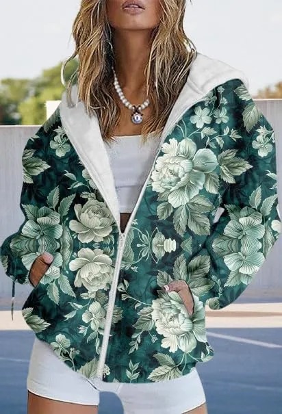 Women's Floral Print Hoodie Zip Up Long Sleeve Hoodies Women Oversized Fashion Jackets Zipper Coat with Pocket