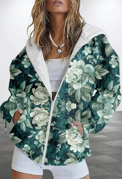 Women's Floral Print Hoodie Zip Up Long Sleeve Hoodies Women Oversized Fashion Jackets Zipper Coat with Pocket