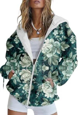 Women's Floral Print Hoodie Zip Up Long Sleeve Hoodies Women Oversized Fashion Jackets Zipper Coat with Pocket