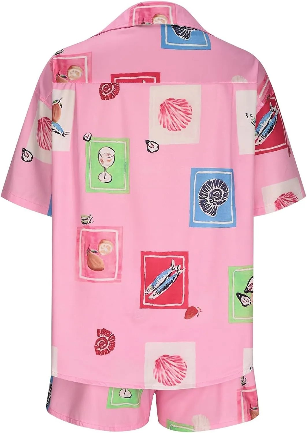 Womens Graphic 2 Piece Outfits Summer Beach Short Sleeve Button Down Shirts Cute Funny Printed Lounge Shorts Sets