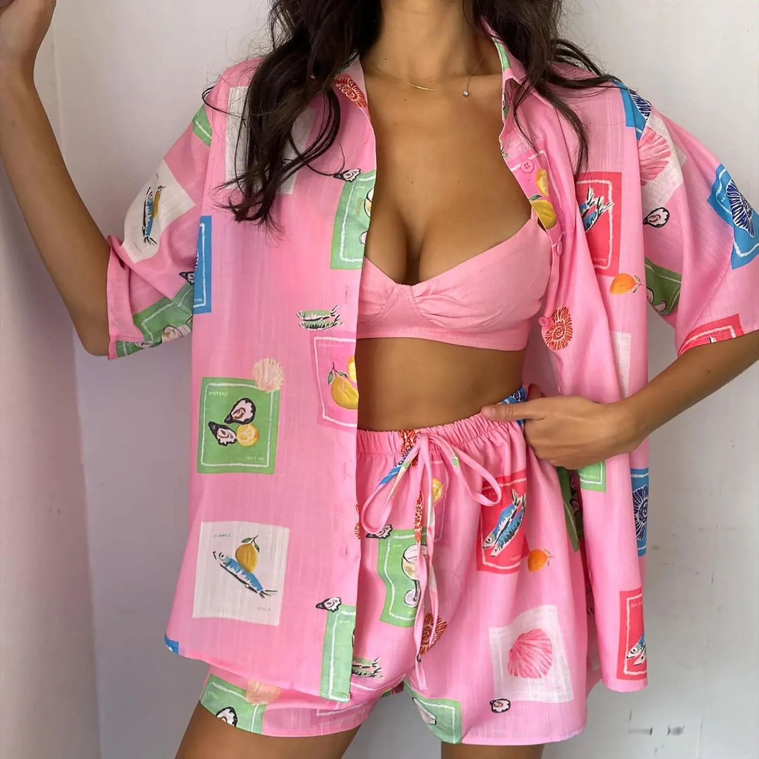 Womens Graphic 2 Piece Outfits Summer Beach Short Sleeve Button Down Shirts Cute Funny Printed Lounge Shorts Sets