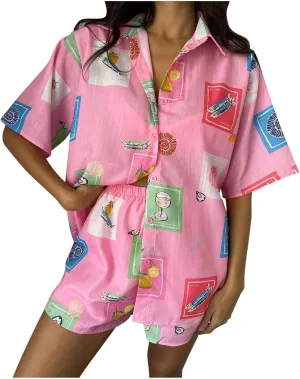 Womens Graphic 2 Piece Outfits Summer Beach Short Sleeve Button Down Shirts Cute Funny Printed Lounge Shorts Sets