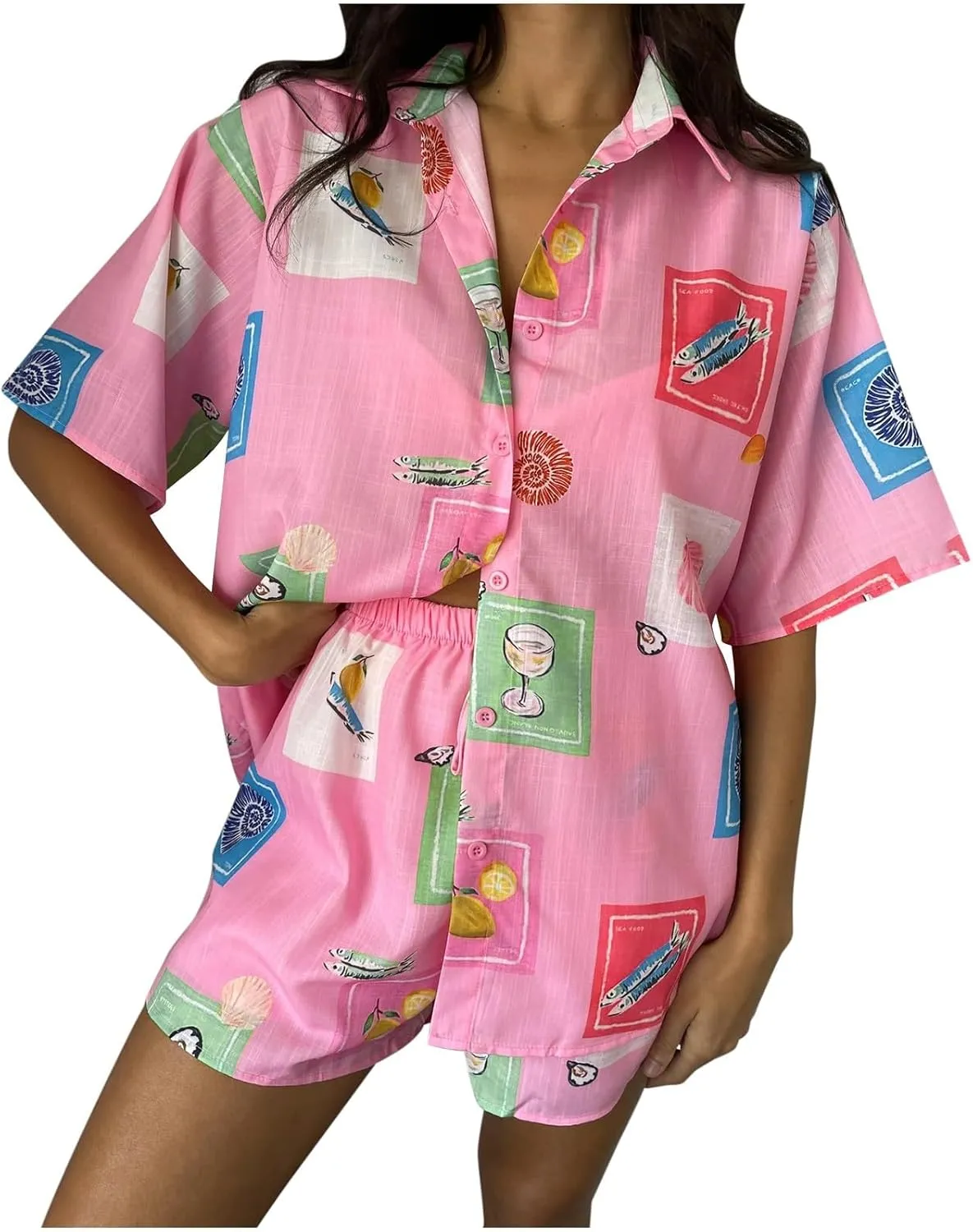 Womens Graphic 2 Piece Outfits Summer Beach Short Sleeve Button Down Shirts Cute Funny Printed Lounge Shorts Sets
