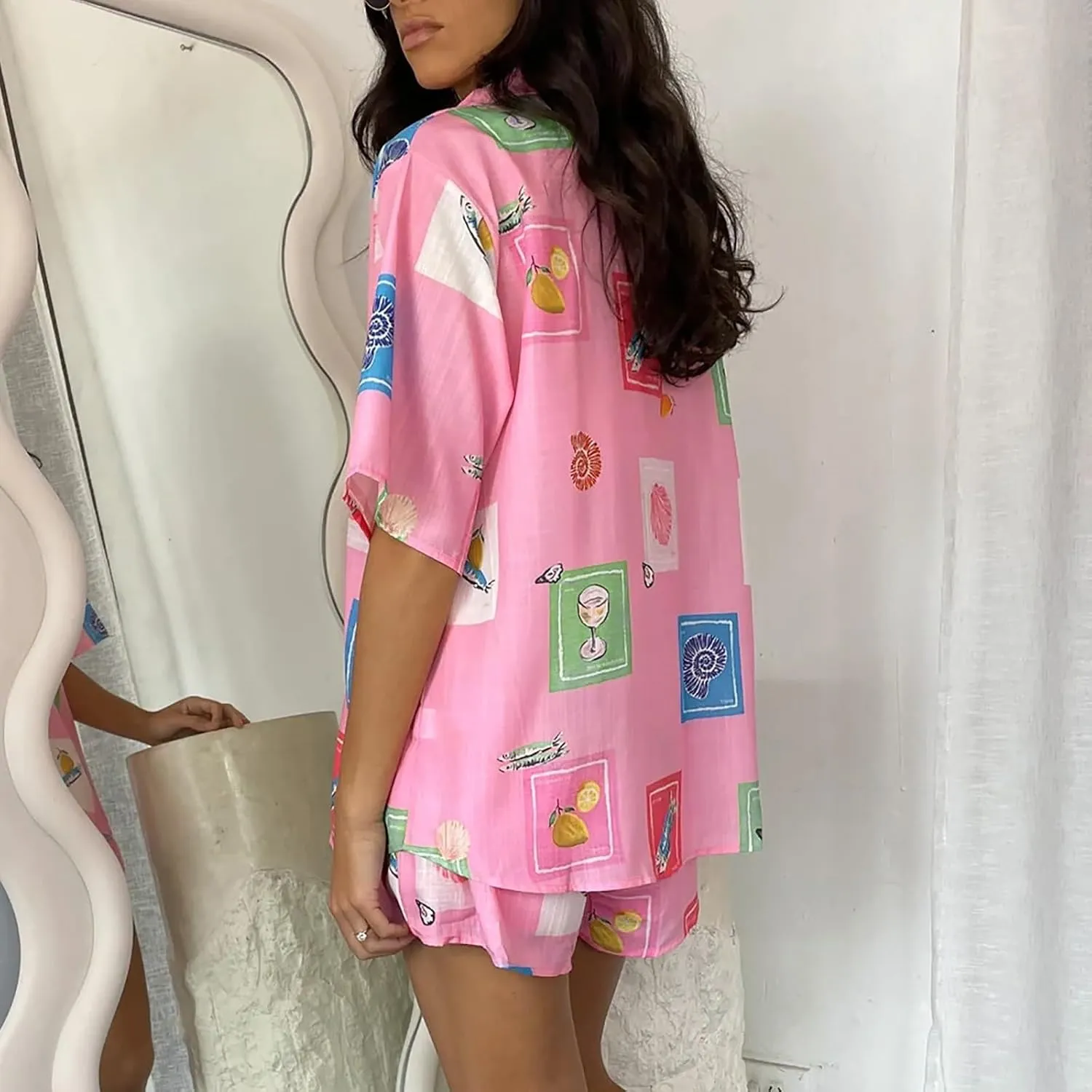 Womens Graphic 2 Piece Outfits Summer Beach Short Sleeve Button Down Shirts Cute Funny Printed Lounge Shorts Sets