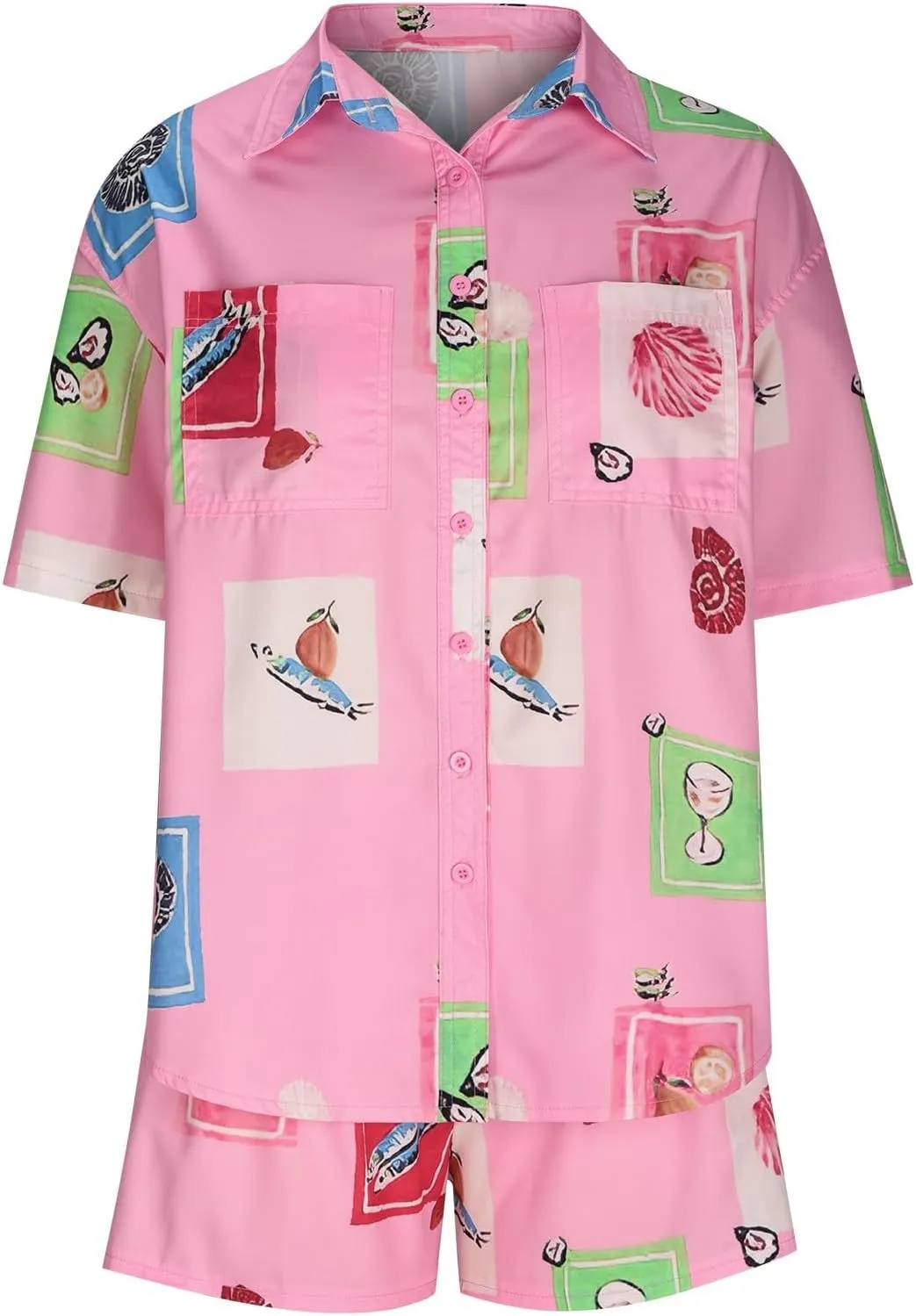 Womens Graphic 2 Piece Outfits Summer Beach Short Sleeve Button Down Shirts Cute Funny Printed Lounge Shorts Sets