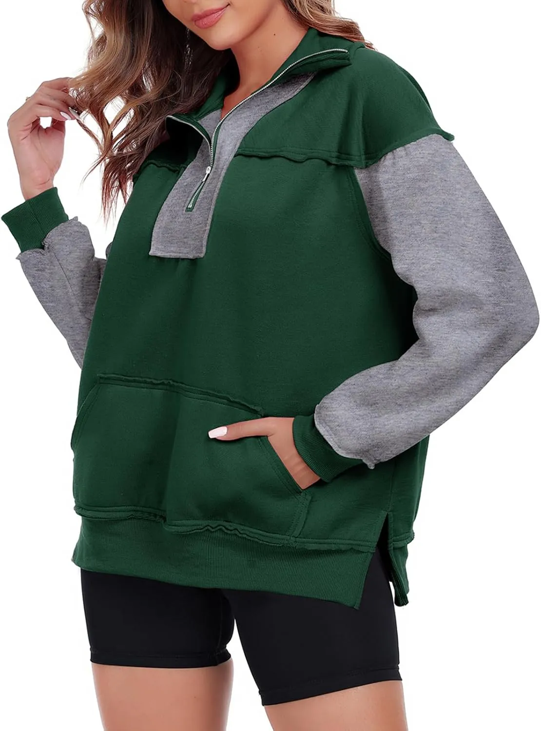 Womens Half Zip Sweatshirts Oversized Long Sleeve Fleece Color Block Pullover Tops with Pocket 2024 Winter Y2K ﻿